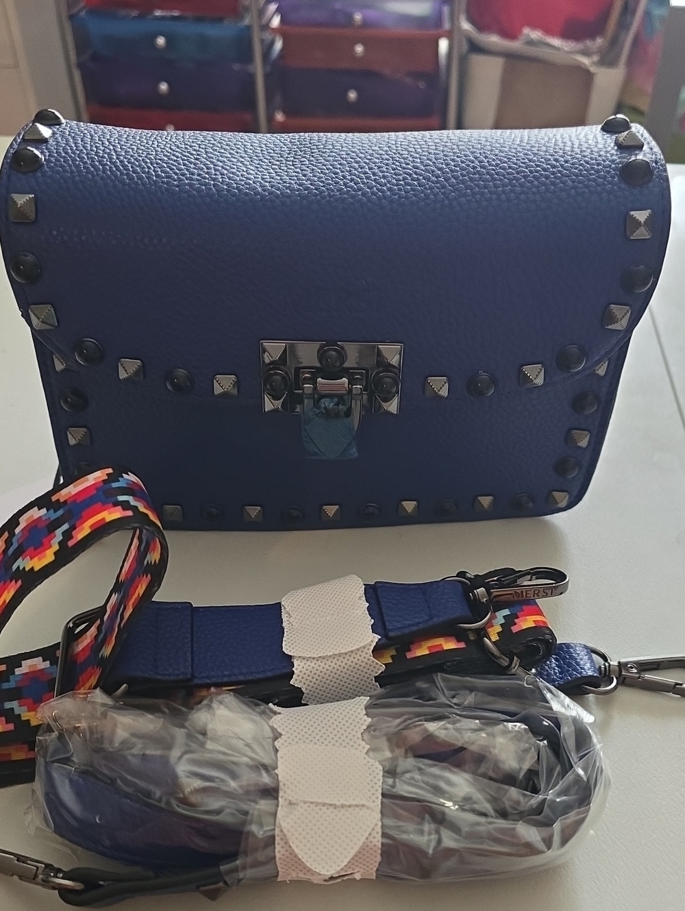 Studded Royal Blue Crossbody Bag with 2 Straps Multi-Color Strap